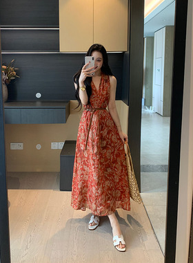 XINYI【炽热夏花】夏季苎麻印花挂脖连衣裙收腰显瘦裙X625Q12111