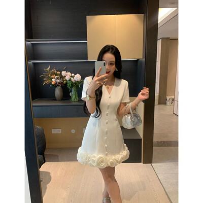 XINYI【白塔玫瑰】夏季V领立体花朵西装连衣裙收腰显瘦X625Q06594