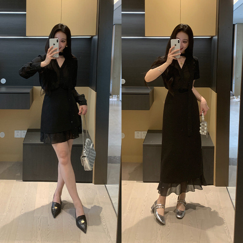 XINYI【摩登引力】春夏雪纺亮闪衬衫+西装半身裙显瘦气质套装女