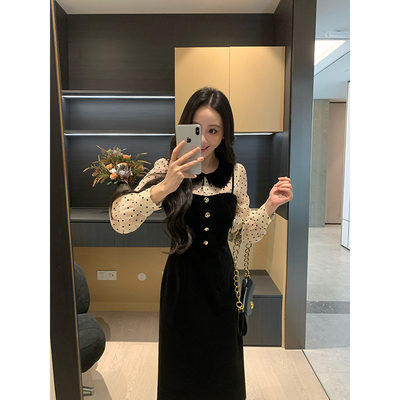 XINYI【名媛茶会】秋冬波点拼接假两件丝绒连衣裙收腰显瘦气质裙