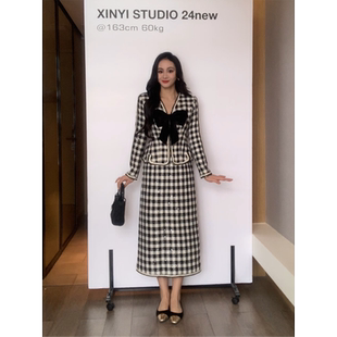 XINYI【财阀继承人】秋季千鸟格外套+半裙女气质两件套X624A14207