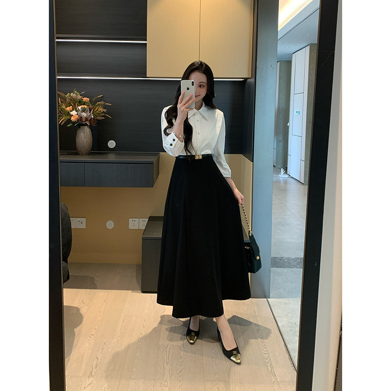 XINYI【优雅新贵】秋季纯棉白衬衫+高腰伞摆半身裙显瘦气质套装女
