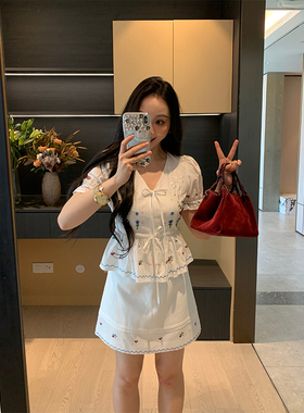 XINYI【柔光铃兰】夏季棉布刺绣小衫+短半裙显瘦套装女X625A10317
