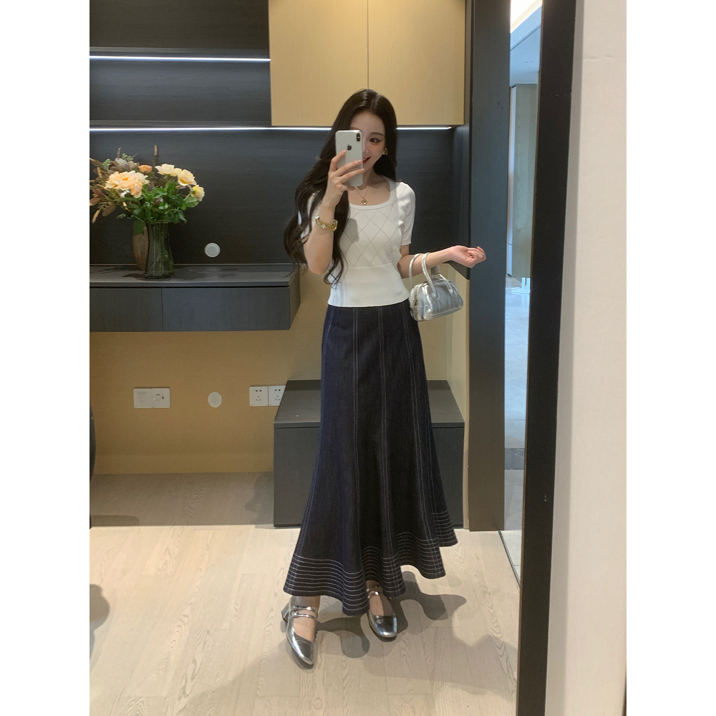 XINYI[舒适主义]冰丝白色针织短袖T恤女夏大码微胖mm上衣半裙套装