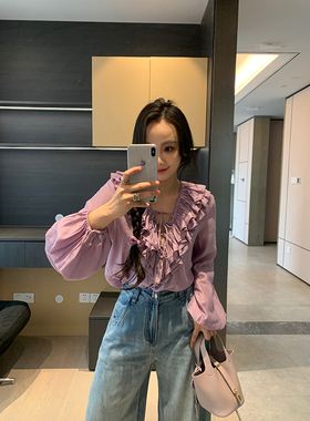 XINYI【葡萄气泡水】春季荷叶边衬衫女显瘦百搭上衣X625C01398