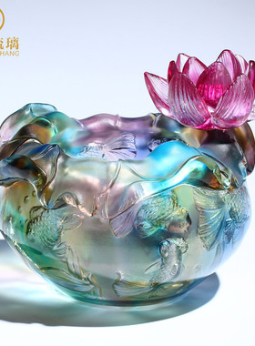 琉璃金鱼聚宝盆摆件水晶莲花工艺品存钱罐家居客厅卧室轻奢装饰品