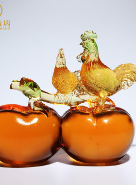 琉璃事事如意柿子摆件家居客厅装饰品工艺礼品摆饰生肖水晶鸡玻璃