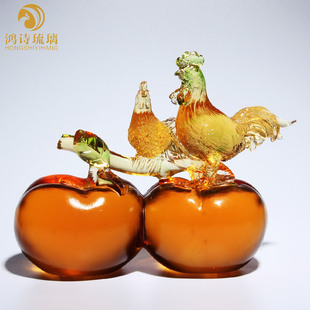饰品工艺礼品摆饰生肖水晶鸡玻璃 琉璃事事如意柿子摆件家居客厅装