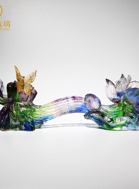 琉璃如意蝴蝶水晶莲花摆件暖房礼物乔迁新居实用高档酒柜工艺术品