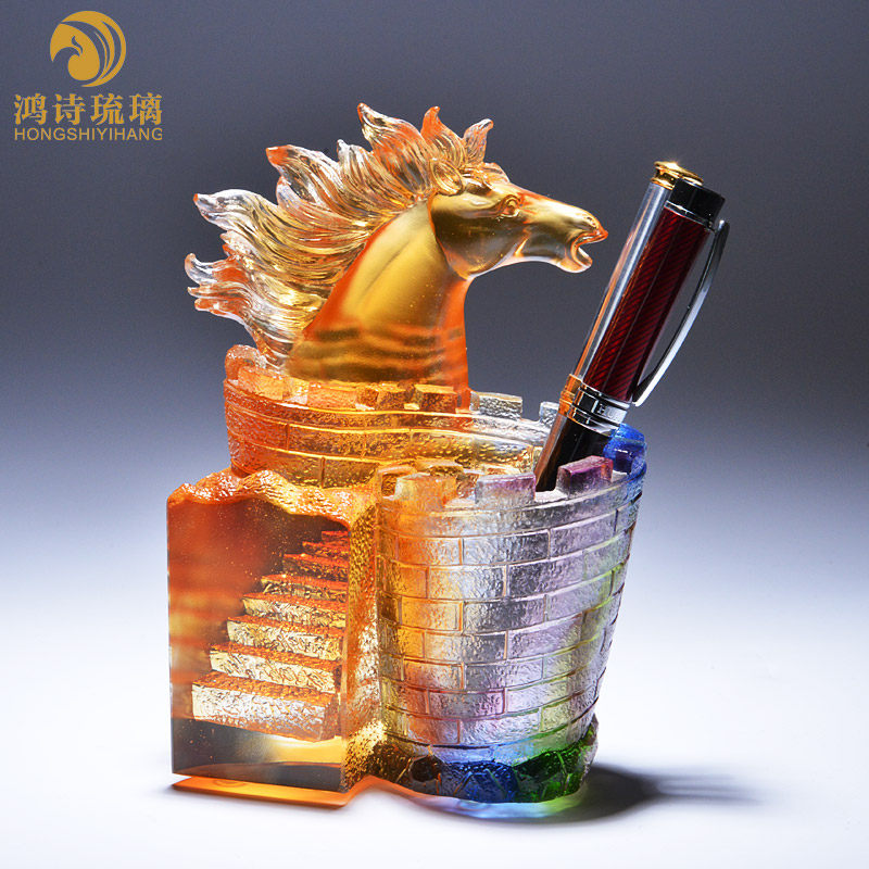 中国特色礼品送老外传统高档古法琉璃马笔筒创意实用万里长城摆件