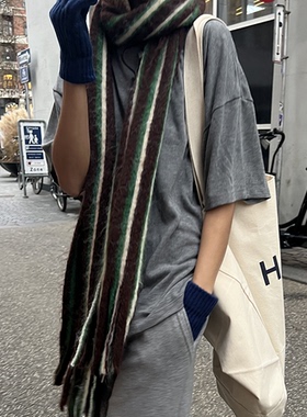 直邮 韩国代购官网正品Feminique 羊毛混纺复古撞色条纹围巾