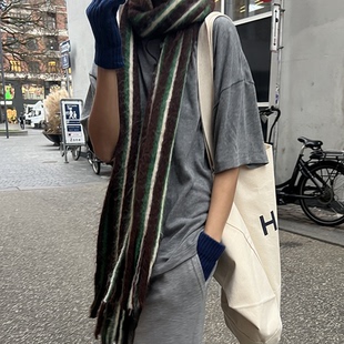 直邮 韩国代购官网正品Feminique 羊毛混纺复古撞色条纹围巾