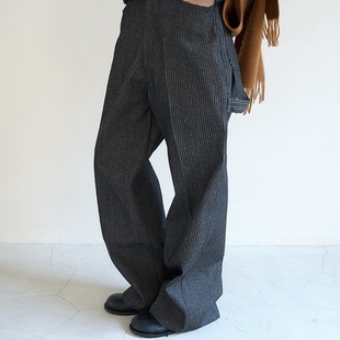 直邮 韩国代购官网女装Feminique2025秋冬宽松直筒复古条纹牛仔裤