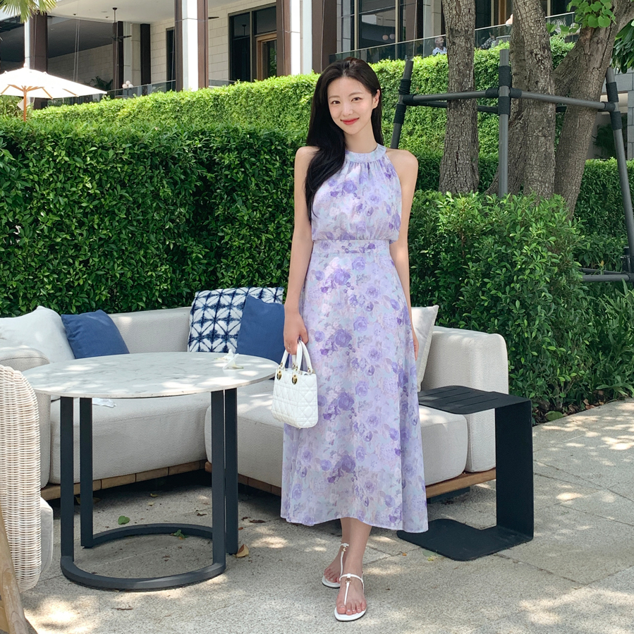 直邮 韩国官网代购女装Artance 雪纺印花无袖挂脖连衣裙沙滩长裙