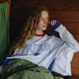 直邮 韩国代购Eqlstore FRITUR 美式橄榄球衫拼色字母套头卫衣女