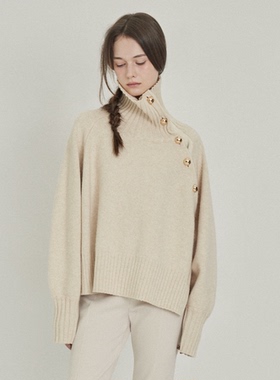 直邮~ 韩国代购官网女装 ROMANCHIC金色纽扣高领羊毛针织衫