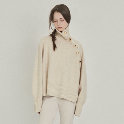 韩国代购金色纽扣高领羊毛针织衫