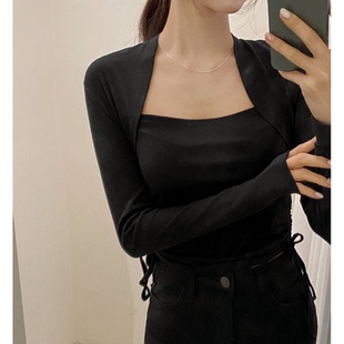 直邮 韩国代购官网女装 2025春季新品 修身抽绳梯形领长袖T恤上衣