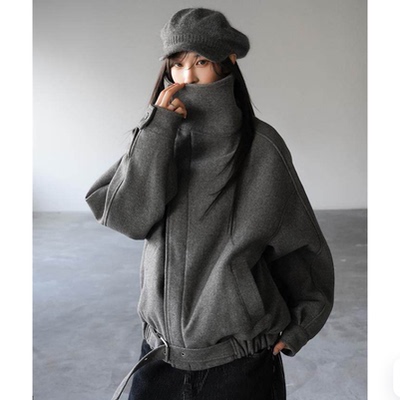 韩国代购宽松高领腰带毛呢夹克