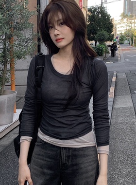 直邮 韩国官网代购女装Slowand 混搭风叠穿 透视薄款长袖T恤打底