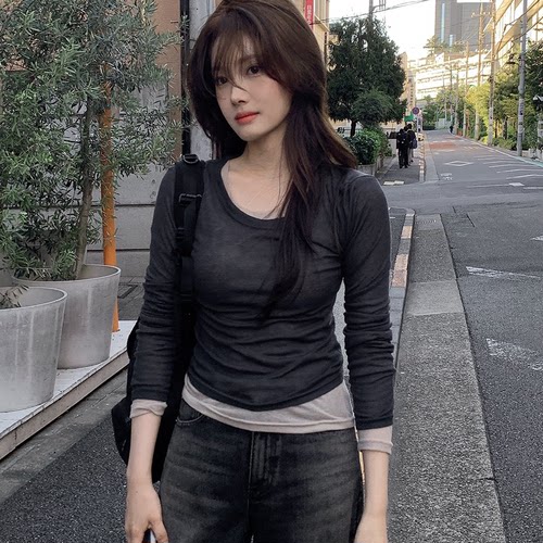 韩国代购透视薄款长袖T恤打底女