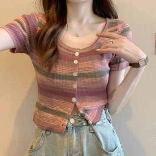 t恤女辣妹上衣 别致短款 夏季 独特多巴胺低领条纹冰丝针织小衫 短袖