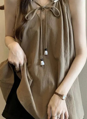 卡其色串珠挂脖吊带背心女外穿