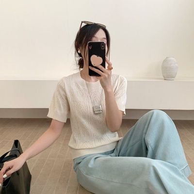 圆领短袖白色镂空针织衫上衣女