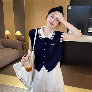 冰丝针织短袖 女2025年夏季 polo衫 开衫 上衣 新款 韩系撞色翻领飞飞袖