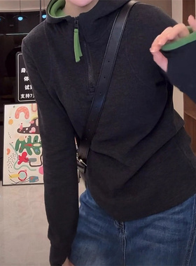 设计感双面德绒半拉链连帽长袖卫衣女冬新款百搭保暖休闲撞色上衣