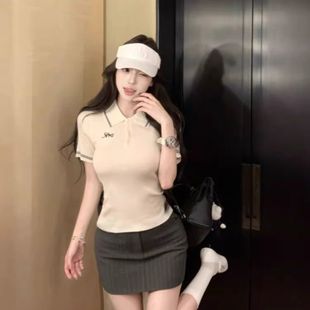 撞色刺绣polo领短袖 收腰设计感气质显身材上衣 针织T恤女夏季 修身