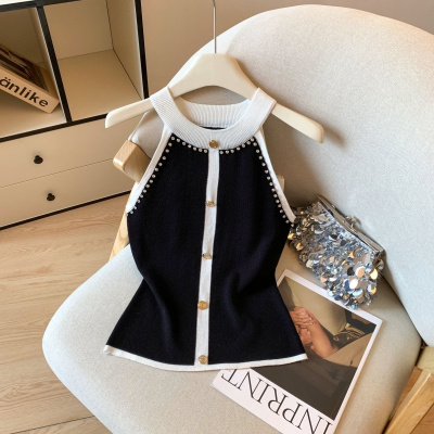 小香风拼色镶钻背心吊带