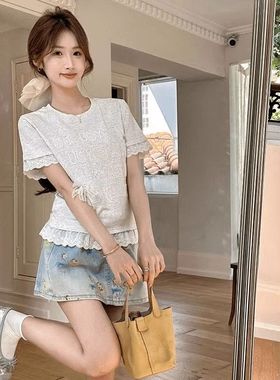 白灰色拼接蕾丝下摆假两件短袖T恤女夏季洋气小众设计感显瘦上衣