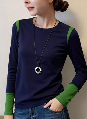 胖mm大码女装撞色正肩圆领长袖T恤女秋冬季修身显瘦内搭打底上衣