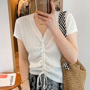显瘦上衣 白色V领短袖 褶皱针织T恤女2025夏季 新款 修身