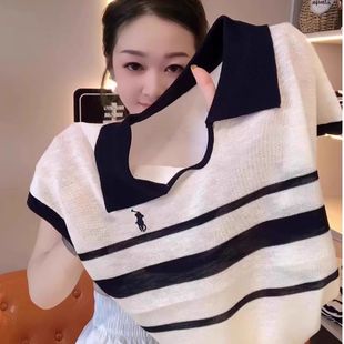 t恤女设计感夏季 撞色条纹翻领针织短袖 独特宽松chic百搭休闲上衣
