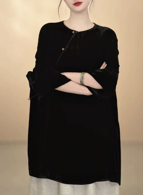 秋季2025年新款高级感国风小衫宽松休闲百搭中长款黑色丝绒上衣女