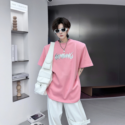 重磅粉色上衣韩版垫肩T恤