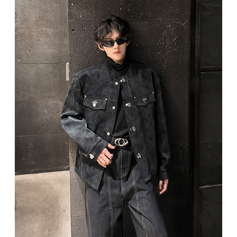 秋冬复古高级感金属磁吸扣无领皮衣男短款痞帅机车PU皮夹克外套潮