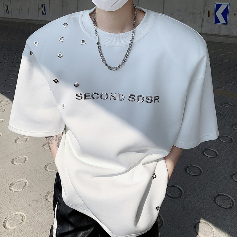 夏季小众美式高街头设计感垫肩t恤男短袖字母印花宽松潮牌半袖T恤