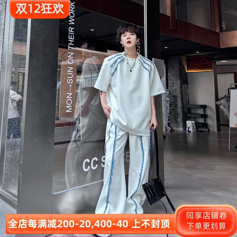 여름 틈새 원시 가장자리 대비 색상 접합 디자인 반팔 티셔츠 남성 정장 디자인 캐주얼 바지 투피스 세트