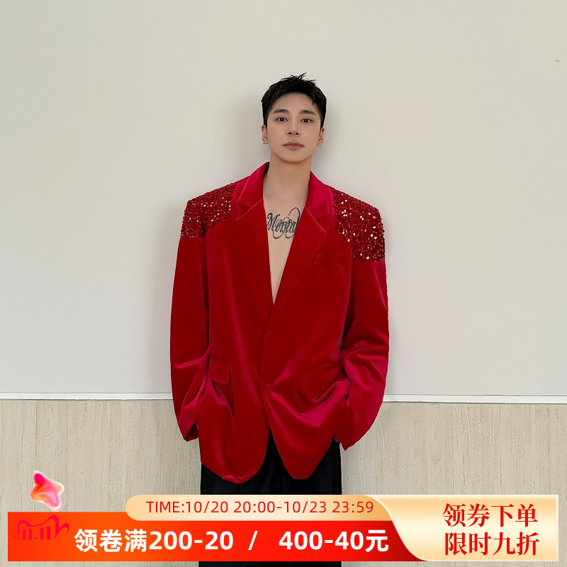 春秋款潮流轻奢丝绒亮片拼接红色西服外套气质宴会舞台礼服高级感