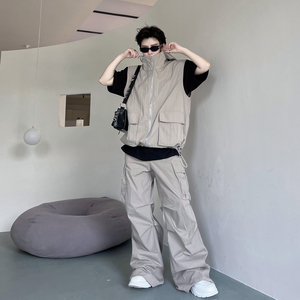 秋装美式ins工装机能连帽开衫马甲男套装休闲阔腿长裤时尚两件套