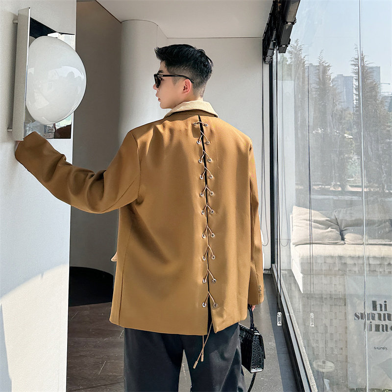 春季撞色复古小众设计后背穿绳设计西装外套男雅痞时尚西服发型师
