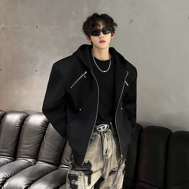 春秋款小众金属拉链解构设计感连帽卫衣男痞帅高级感垫肩夹克外套