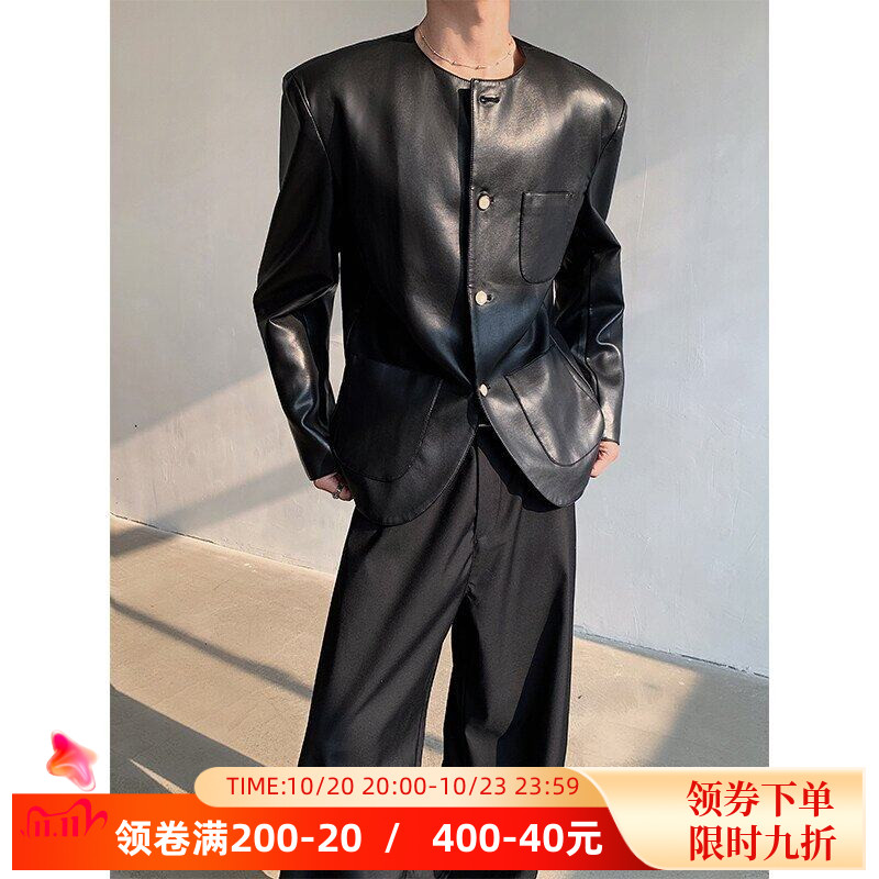 高级感cleanfit无领修身西装外套男春秋PU皮衣痞帅垫肩机车夹克潮