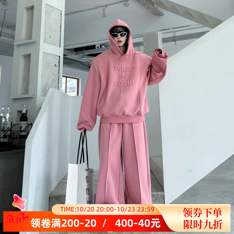 秋装韩国字母珍珠钉珠时尚连帽卫衣男设计感阔腿卫裤慵懒网红套装