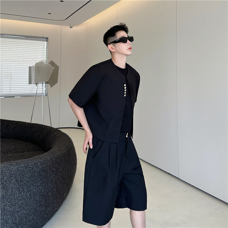 夏季无领盘扣短款小外套夹克男高级感痞帅新中式五分西裤两件套潮