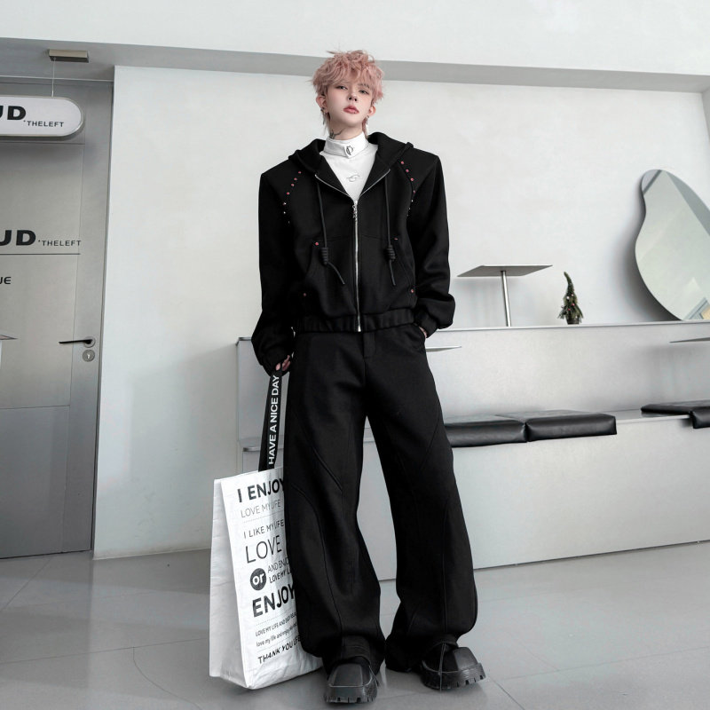 2026春季高级感钉珠点缀连帽开衫卫衣套装男潮牌痞帅休闲长裤一套