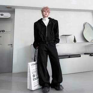 2026春季高级感钉珠点缀连帽开衫卫衣套装男潮牌痞帅休闲长裤一套